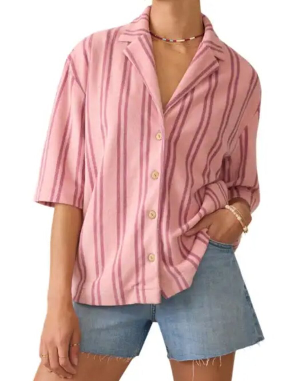 Faherty Cabana Stripe Towel Terry Camp Shirt   Size Large • Orchid Lines • NWT